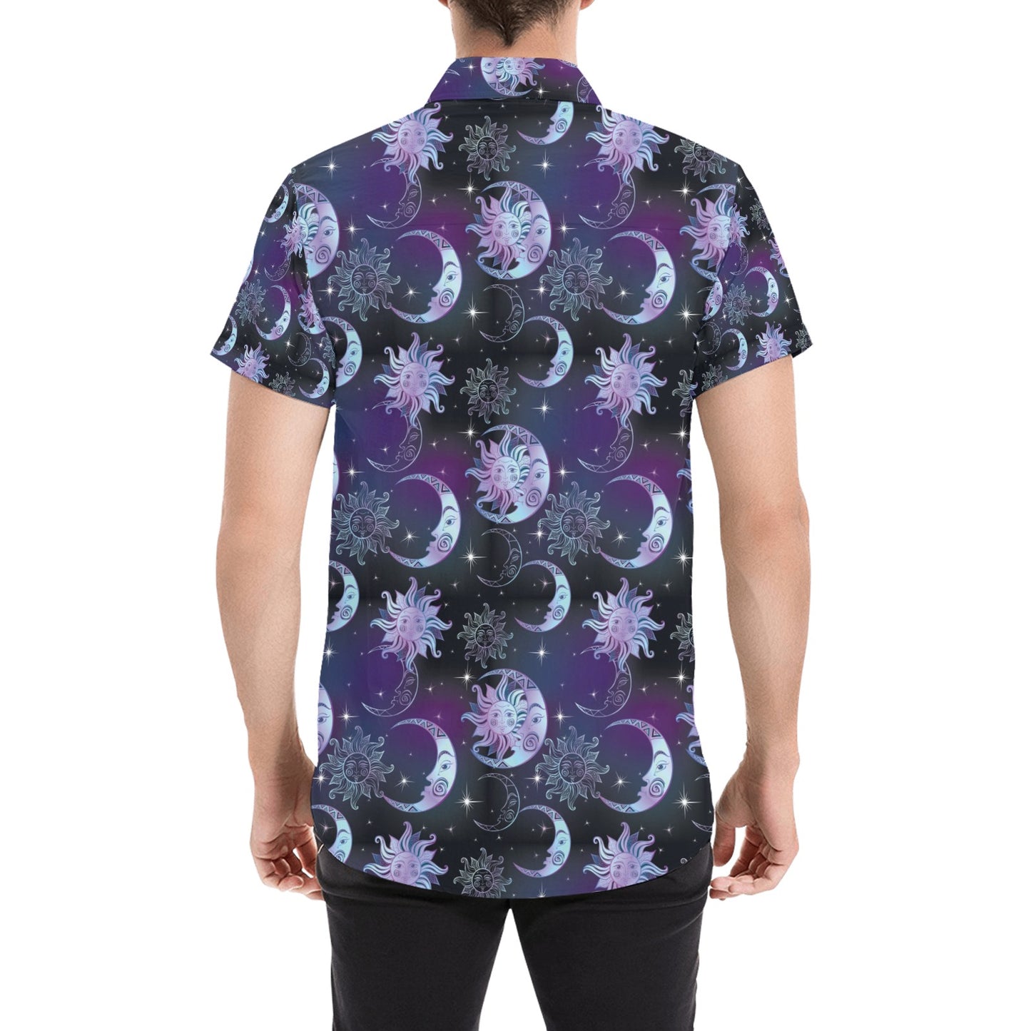 Sun Moon Print Design LKS303 Men Short Sleeve Button Up Shirt