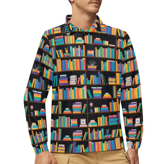 Book Pattern Print Design 05 Long Sleeve Polo Shirt For Men's