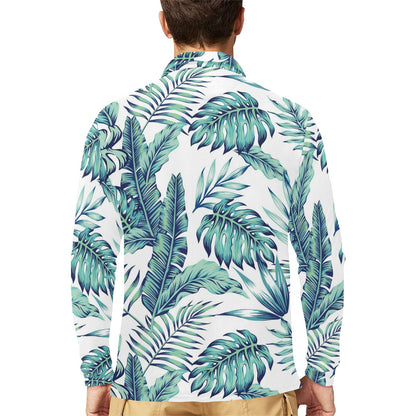 Pattern Tropical Palm Leaves Long Sleeve Polo Shirt For Men's
