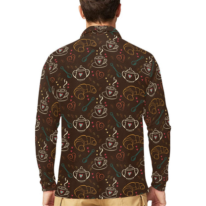 Coffee Pattern Print Design 06 Long Sleeve Polo Shirt For Men's