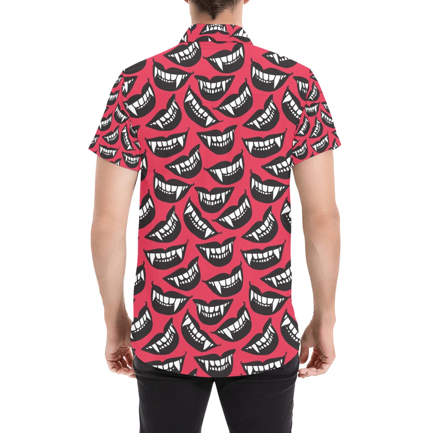 Vampire Lips Print Design LKS305 Men Short Sleeve Button Up Shirt