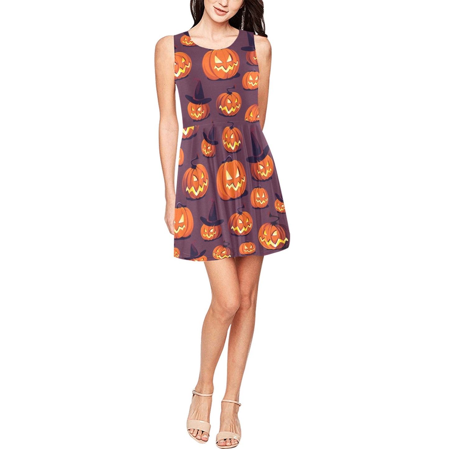 Halloween Pumpkin Pattern Print Design 03 Sleeveless Dress
