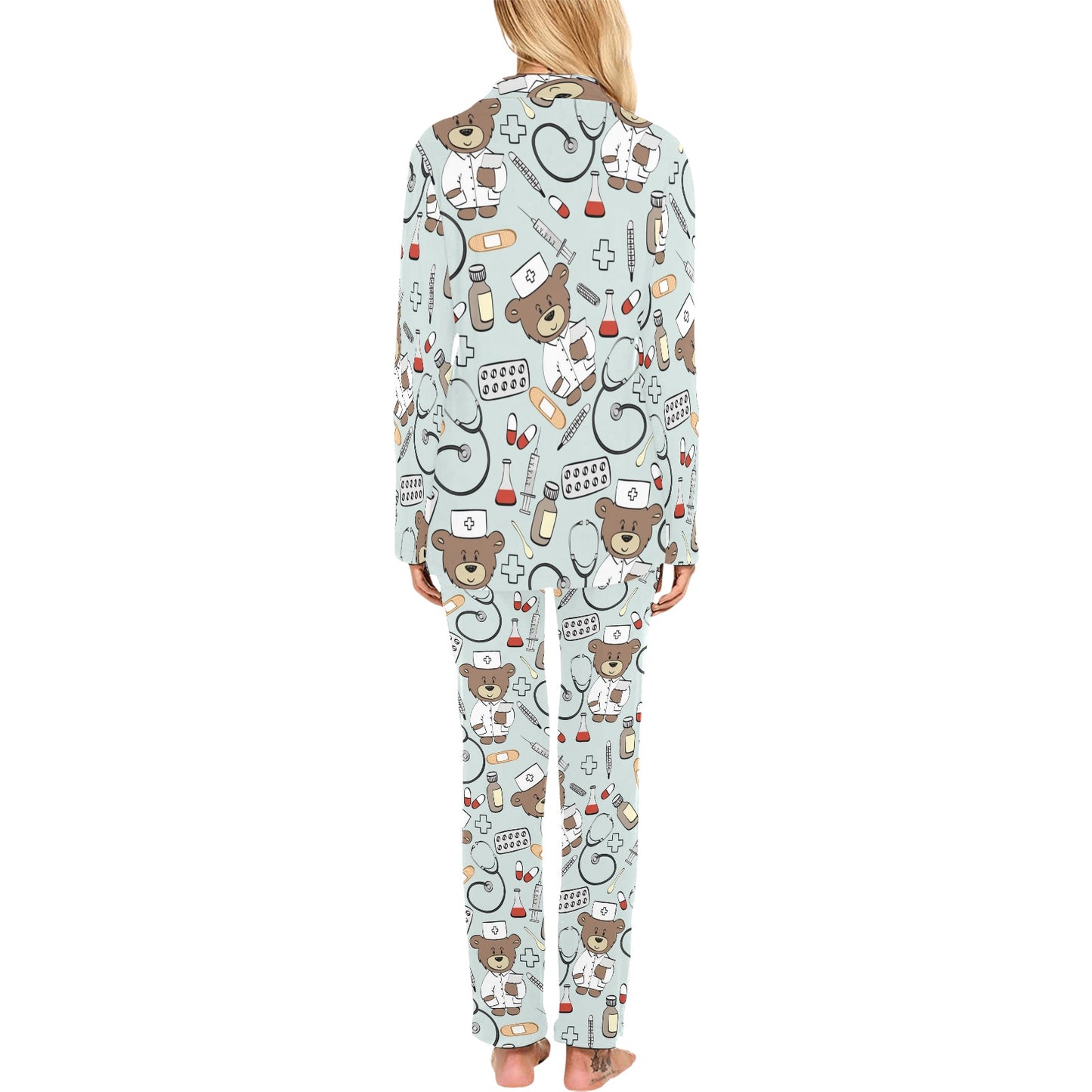 Nurse Bear Pattern Print Design A01 Women's Long Pajama Set