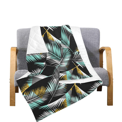 Gold Glitter Cyan Tropical Palm Leaves Premium Quilt