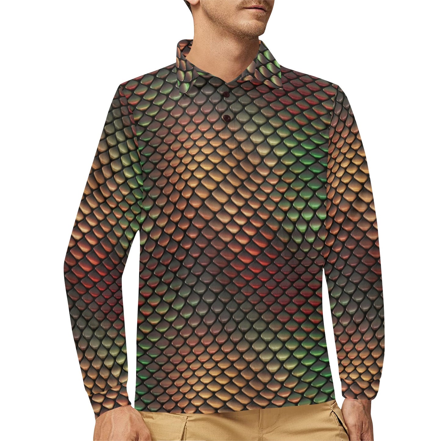 Snake Skin Colorful Print Long Sleeve Polo Shirt For Men's