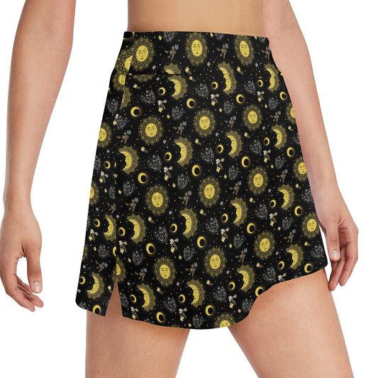 Sun Moon Golden Design Themed Print 17" Golf & Pickleball Skort with Pockets