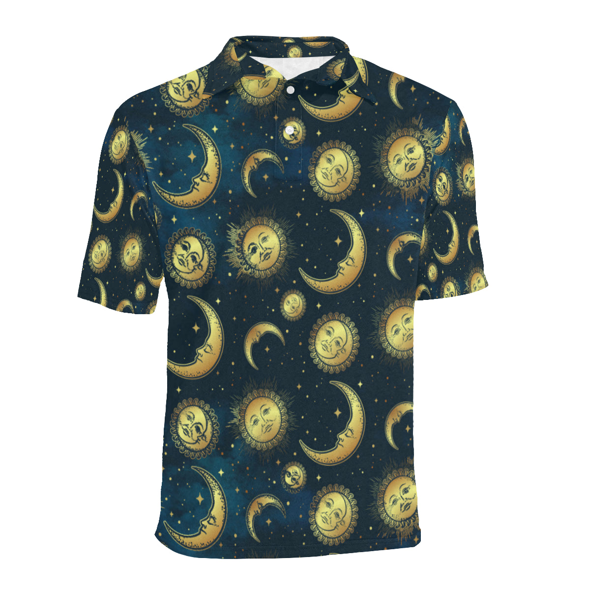 Gold Sun Moon Face Men Polo Shirt