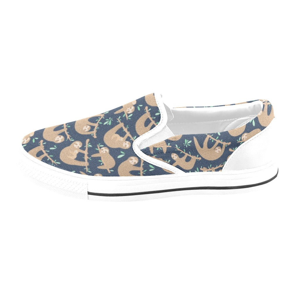 Sloth Print Design LKS307 White Slip Ons Canvas Women's Shoes