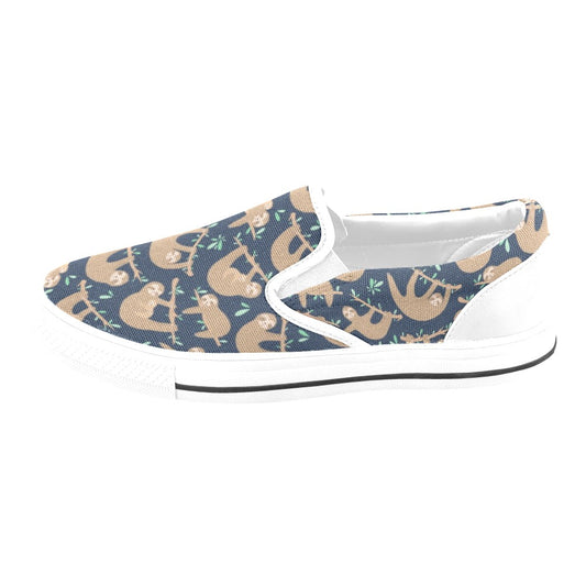 Sloth Print Design LKS307 White Slip Ons Canvas Women's Shoes