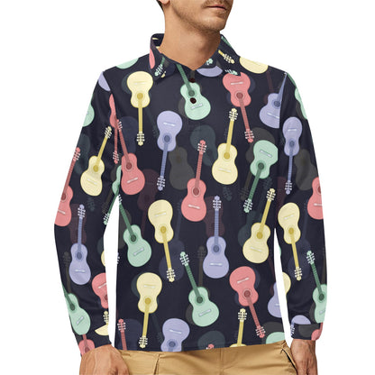 Acoustic Guitar Print Design LKS401 Long Sleeve Polo Shirt For Men's