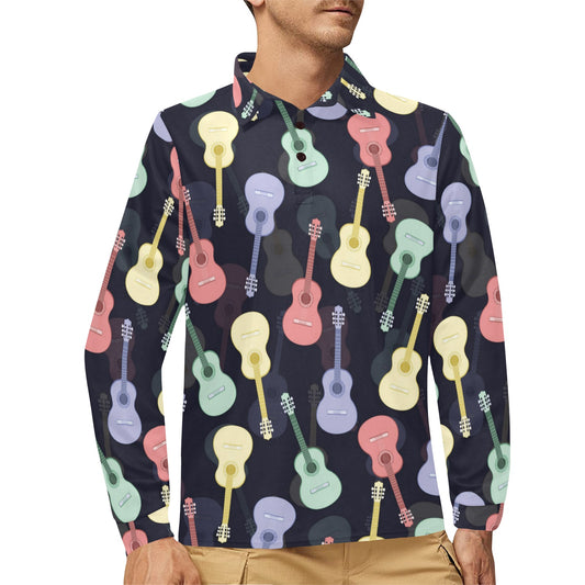 Acoustic Guitar Print Design LKS401 Long Sleeve Polo Shirt For Men's