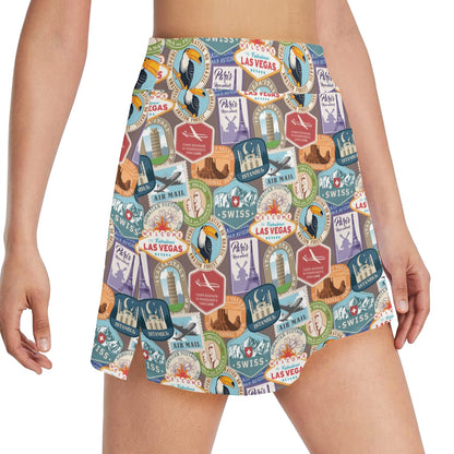 Travel Stamp Print Design LKS301 17" Golf & Pickleball Skort with Pockets