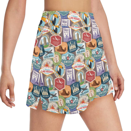 Travel Stamp Print Design LKS301 17" Golf & Pickleball Skort with Pockets