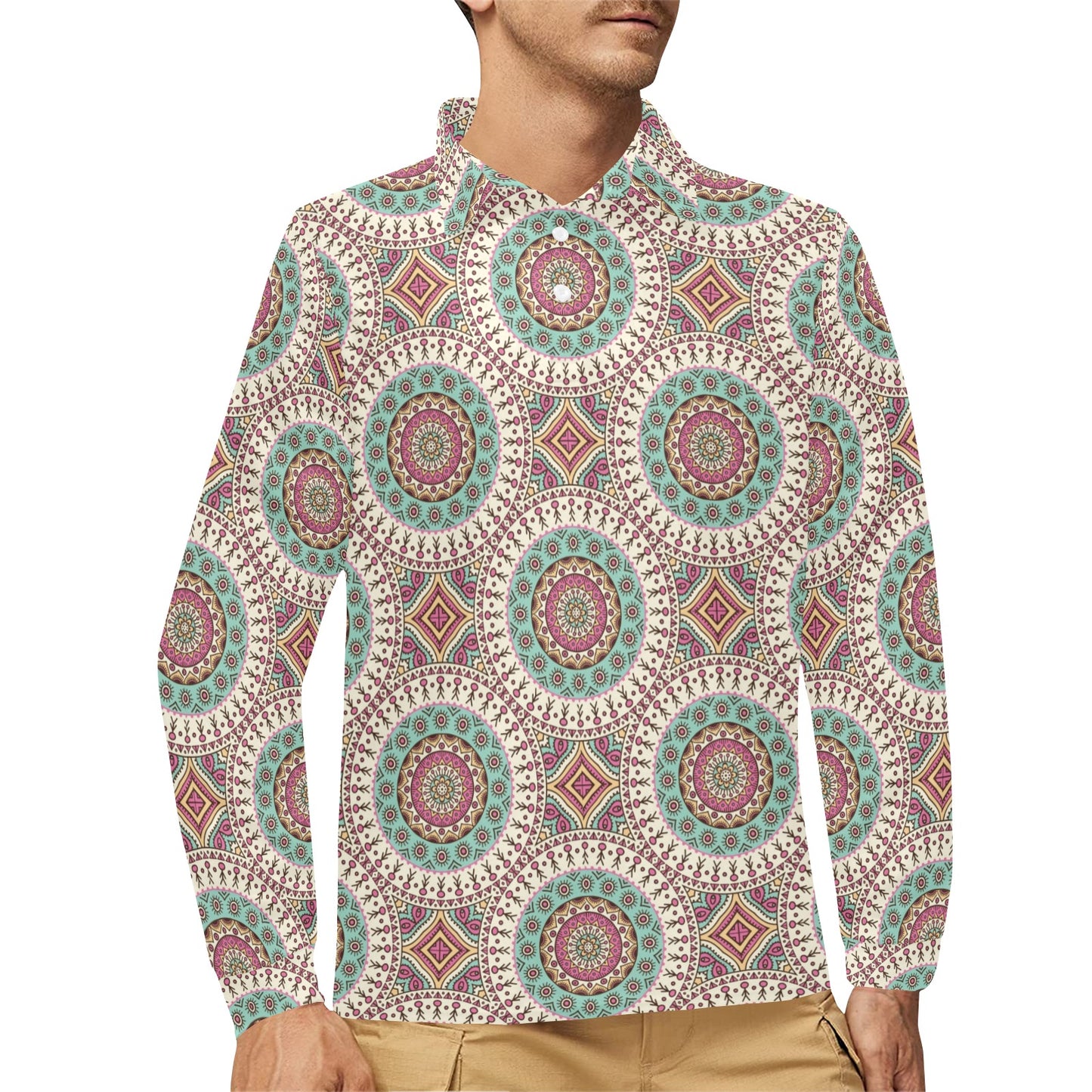 Bohemian Round Style Print Long Sleeve Polo Shirt For Men's