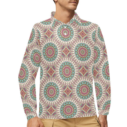 Bohemian Round Style Print Long Sleeve Polo Shirt For Men's