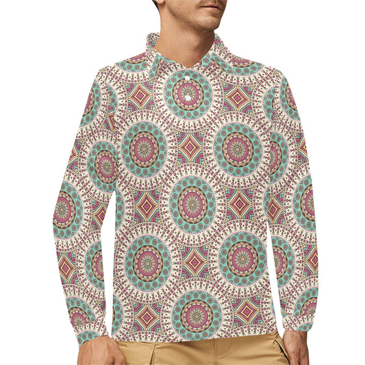 Bohemian Round Style Print Long Sleeve Polo Shirt For Men's