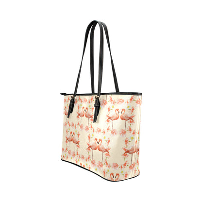 Flamingo Hibiscus Print Pattern Leather Tote Bag