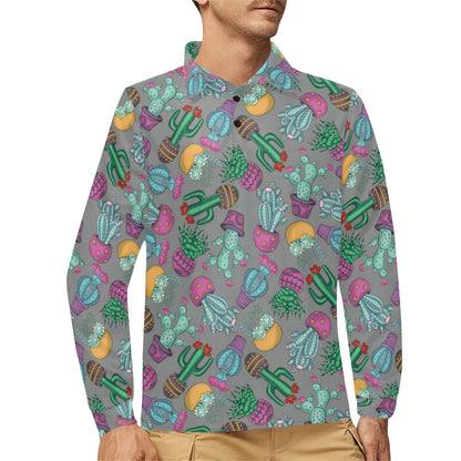Cactus Colorful Print Pattern Long Sleeve Polo Shirt For Men's