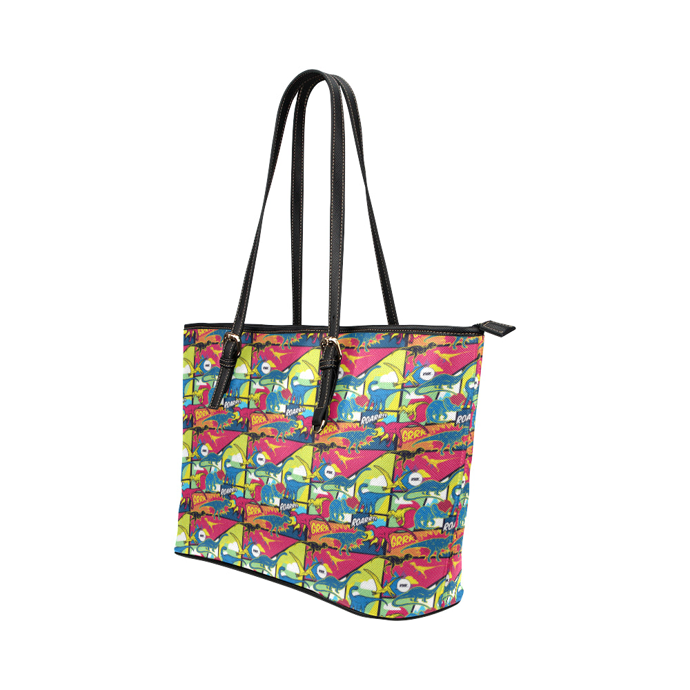 Dinosaur Comic Pop Art Style Leather Tote Bag