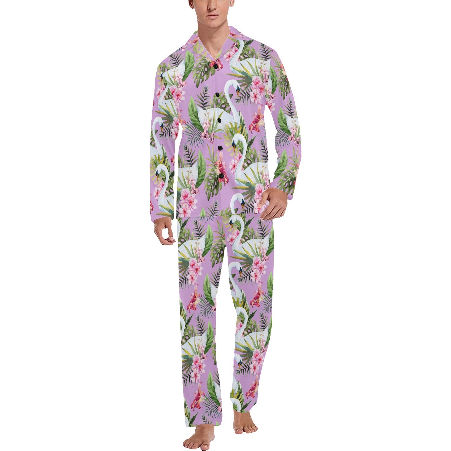 Swan with Flower Pattern Print Design 01 Men's Long Pajama Set
