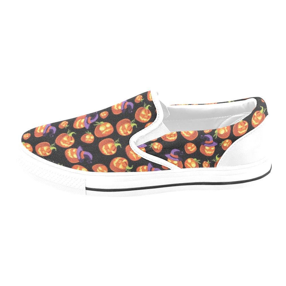 Witch Pumpkin Halloween Print LKS302 White Slip Ons Canvas Women's Shoes