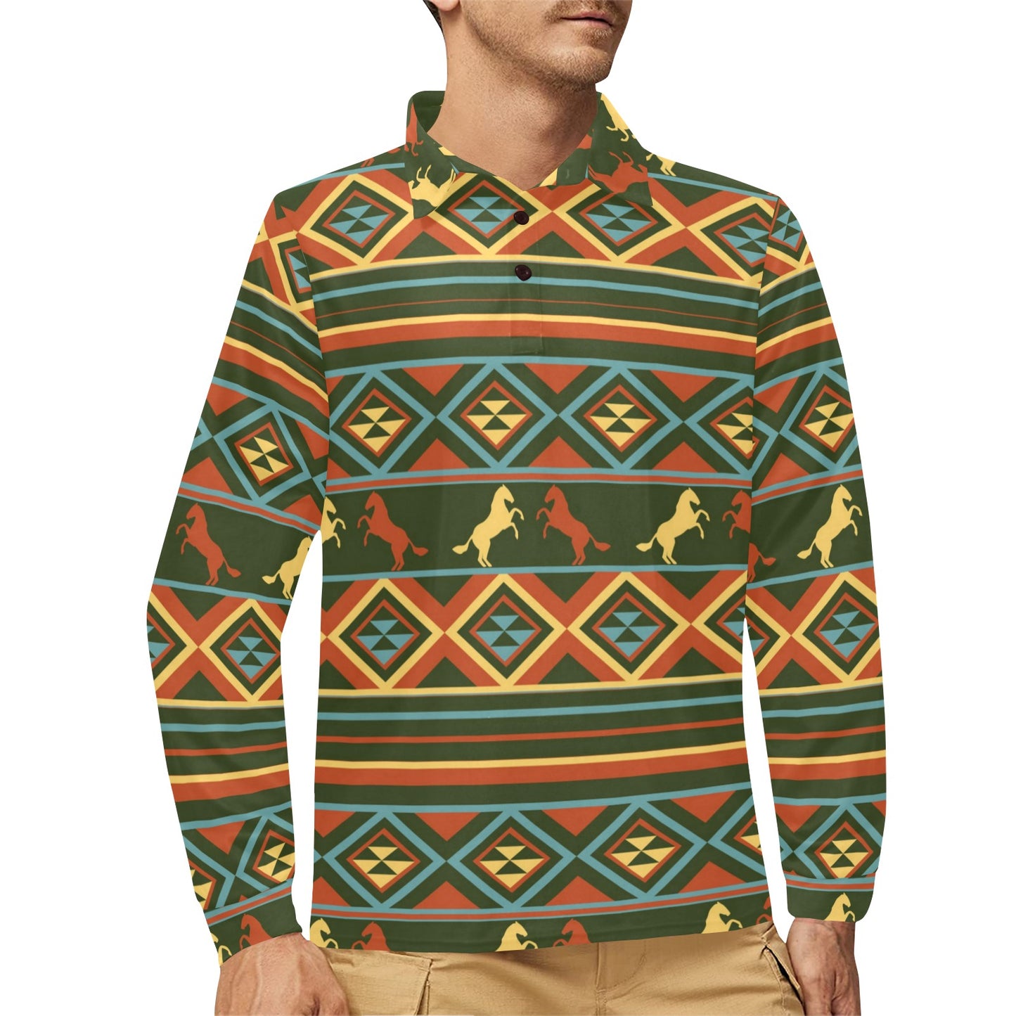Horse Western Pattern Long Sleeve Polo Shirt For Men's