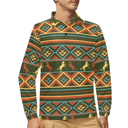 Horse Western Pattern Long Sleeve Polo Shirt For Men's