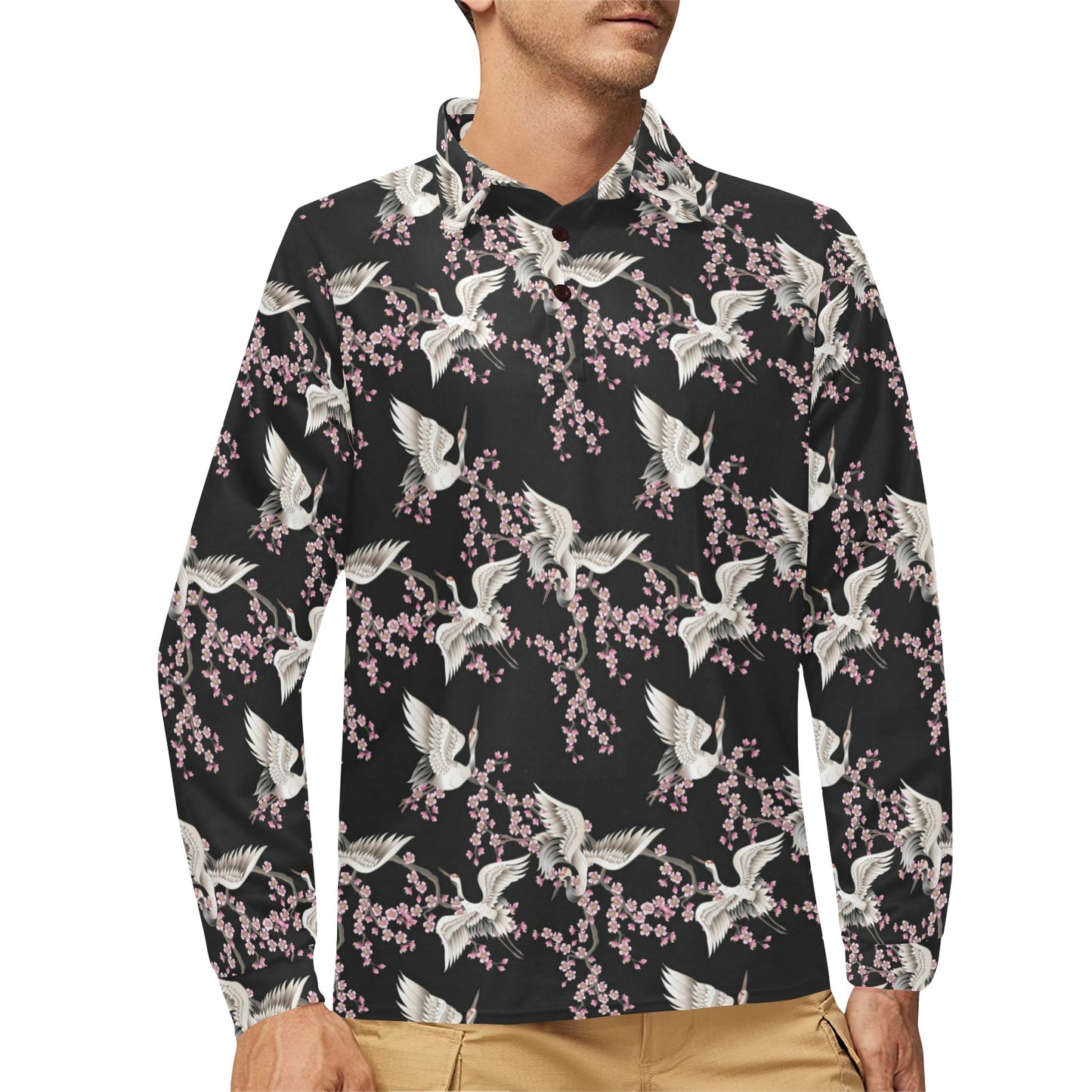 Crane Pattern Print Design 01 Long Sleeve Polo Shirt For Men's