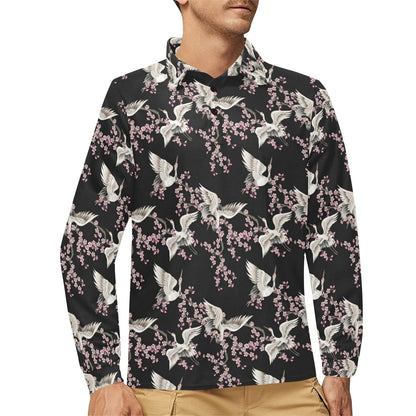 Crane Pattern Print Design 01 Long Sleeve Polo Shirt For Men's