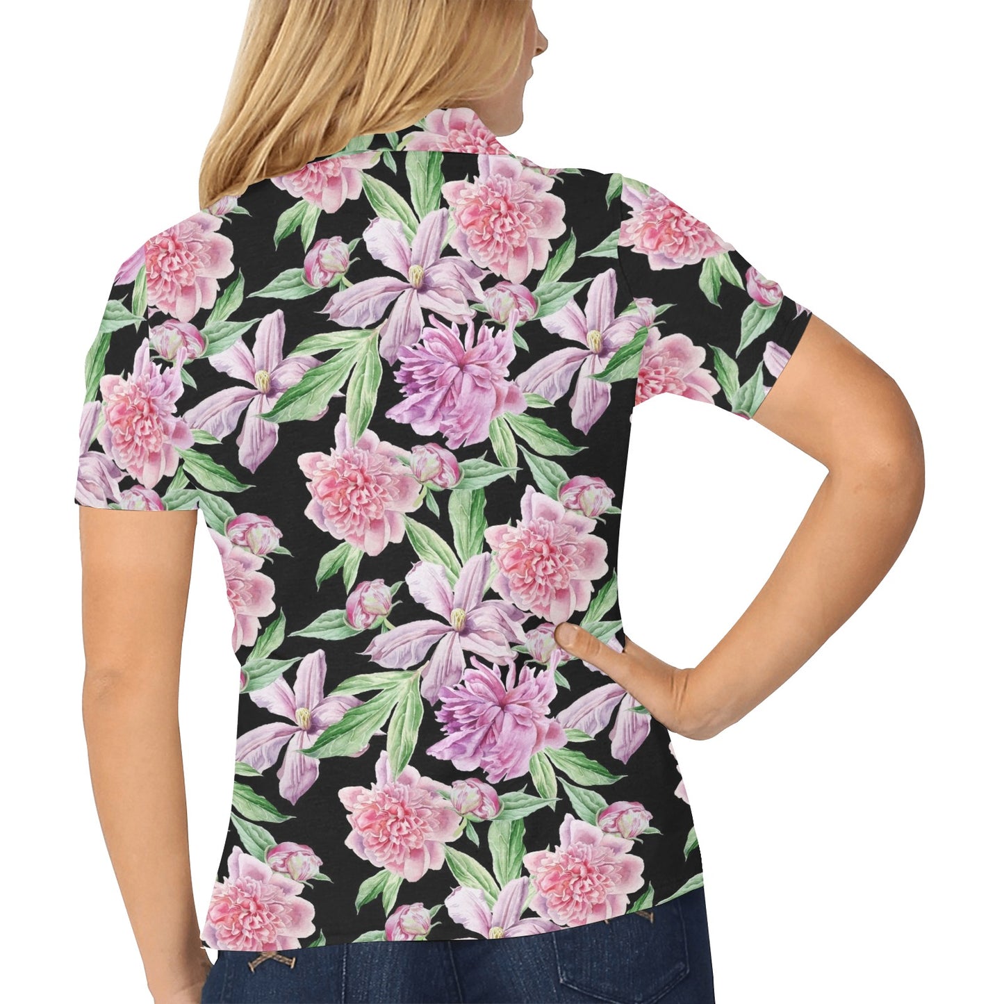 Peony Pattern Print Design PE08 Women's Polo Shirt