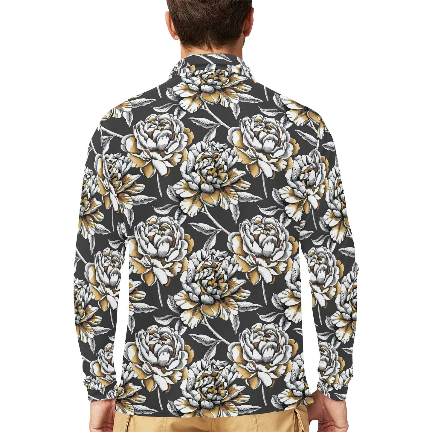 Peony Pattern Print Design PE06 Long Sleeve Polo Shirt For Men's