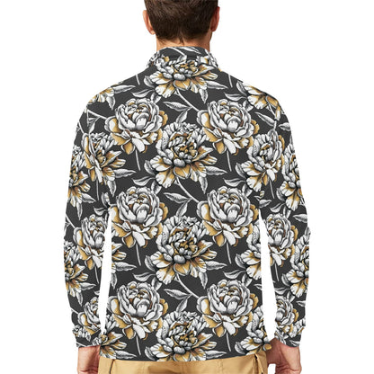 Peony Pattern Print Design PE06 Long Sleeve Polo Shirt For Men's