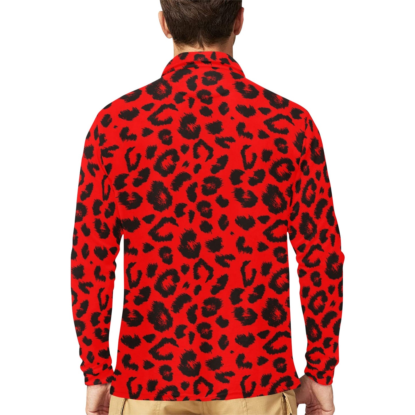Leopard Red Skin Print Long Sleeve Polo Shirt For Men's
