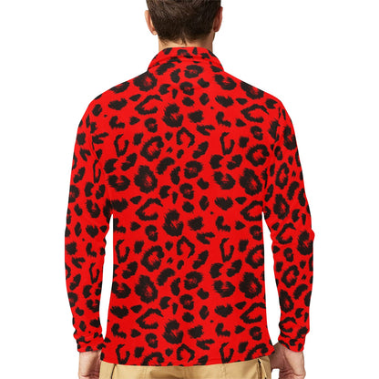 Leopard Red Skin Print Long Sleeve Polo Shirt For Men's