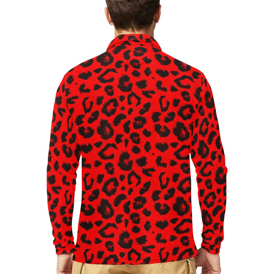 Leopard Red Skin Print Long Sleeve Polo Shirt For Men's