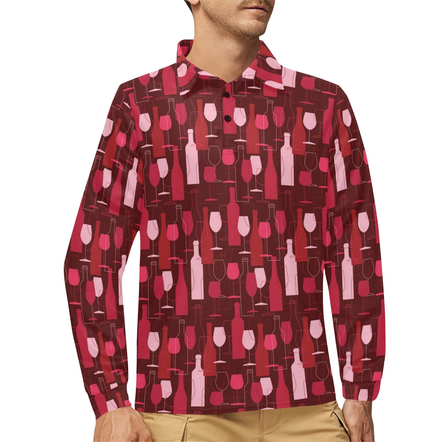 Wine Print Design LKS304 Long Sleeve Polo Shirt For Men's