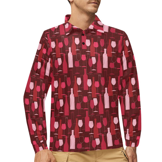 Wine Print Design LKS304 Long Sleeve Polo Shirt For Men's