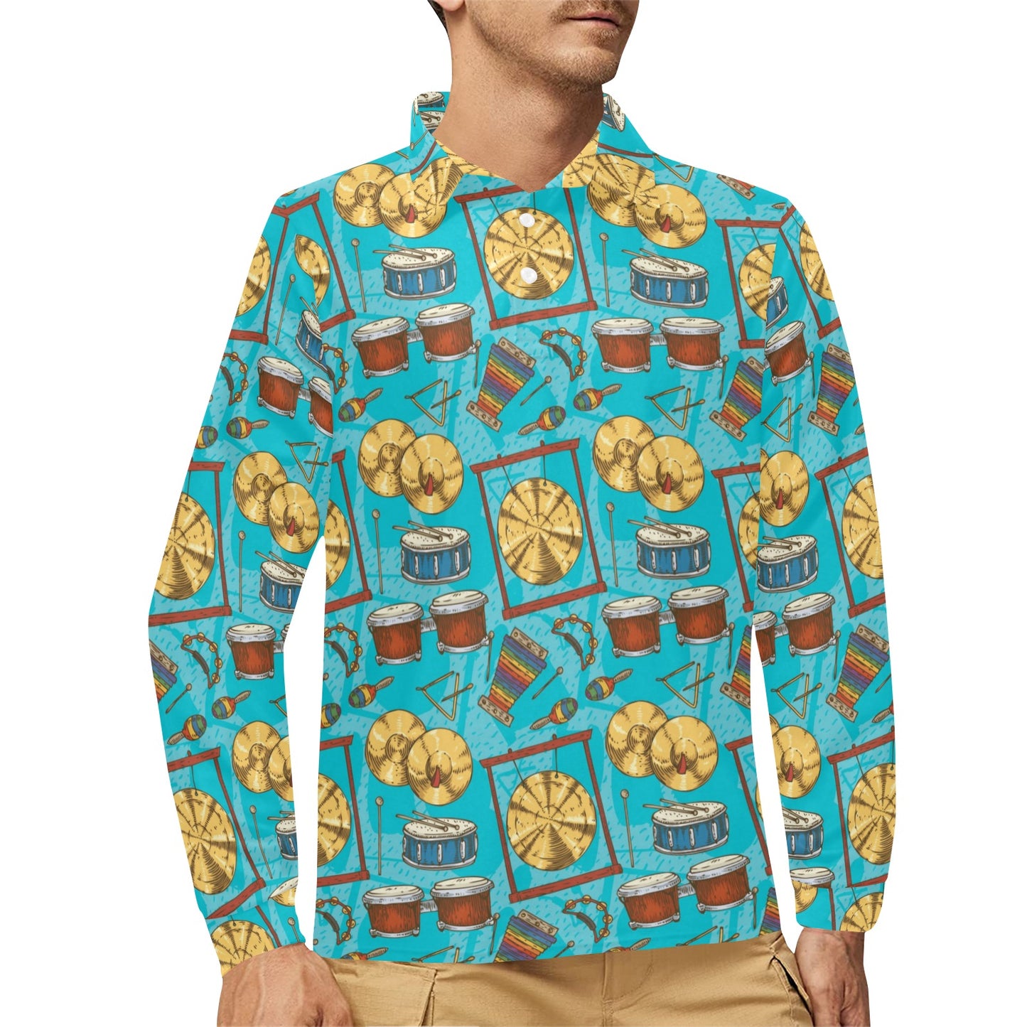 Percussion Pattern Print Design 03 Long Sleeve Polo Shirt For Men's