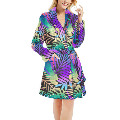 Neon Flower Tropical Palm Leaves Women's Fleece Robe