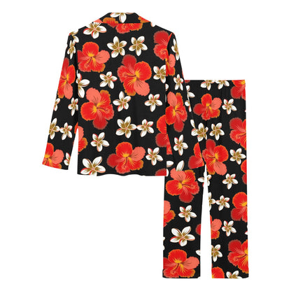 Red Hibiscus Pattern Print Design HB022 Women's Long Pajama Set