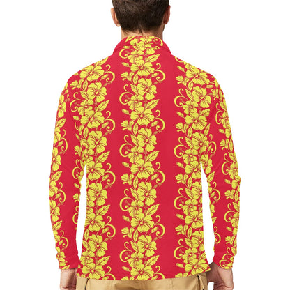 Orange Hibiscus Pattern Print Design HB018 Long Sleeve Polo Shirt For Men's