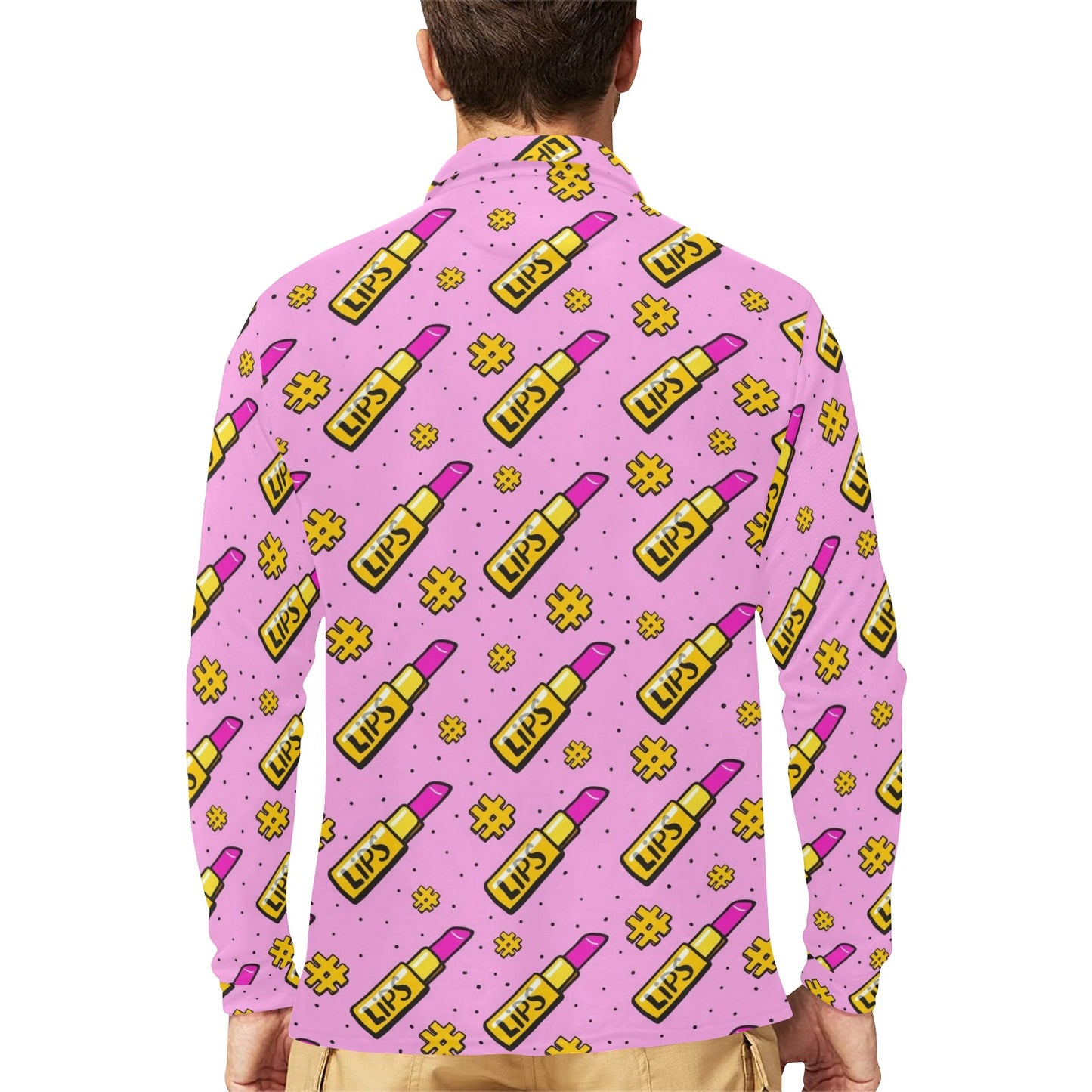 Lipstick Pattern Print Design LT03 Long Sleeve Polo Shirt For Men's