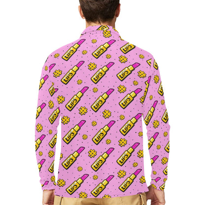 Lipstick Pattern Print Design LT03 Long Sleeve Polo Shirt For Men's
