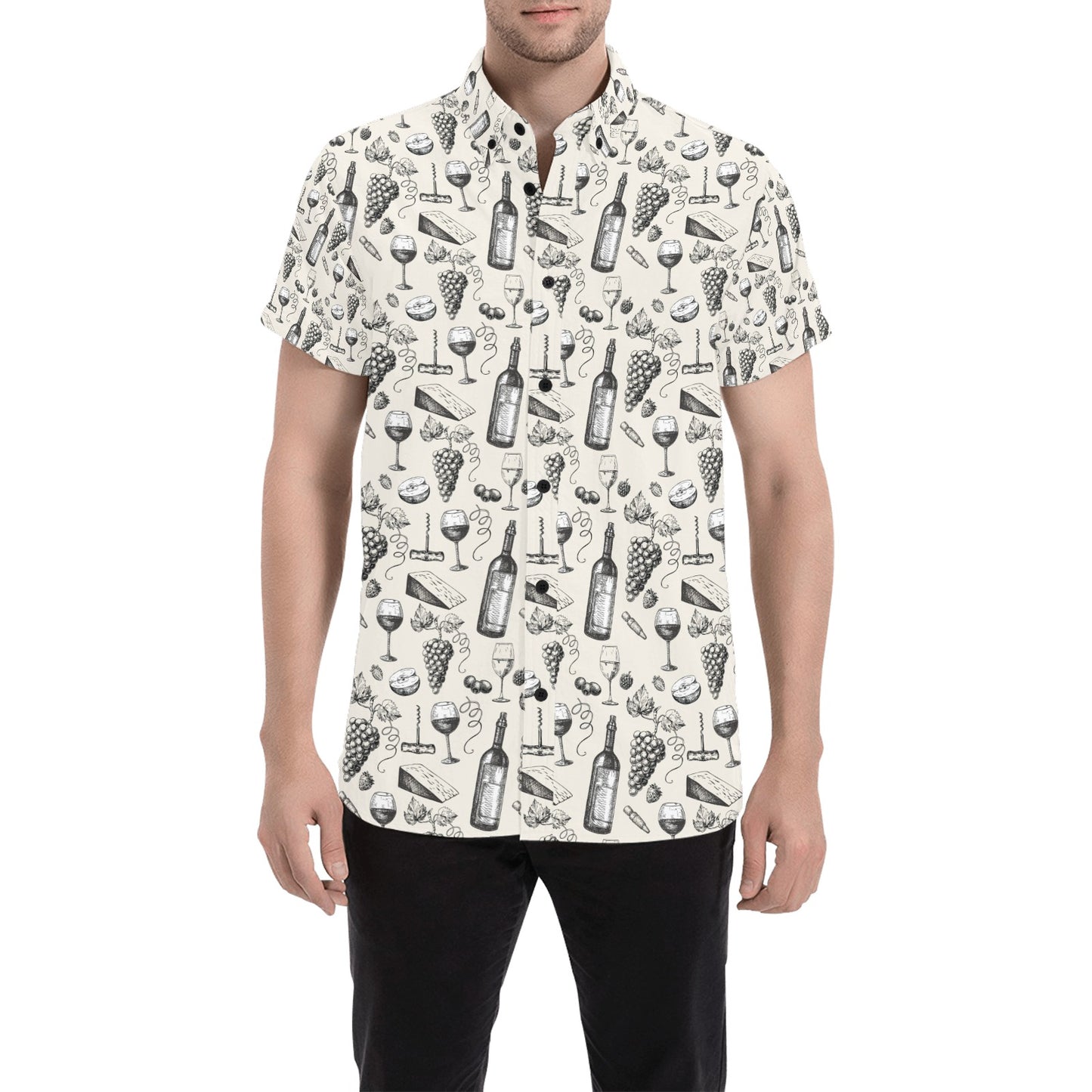 Wine Themed Print Design LKS306 Men Short Sleeve Button Up Shirt