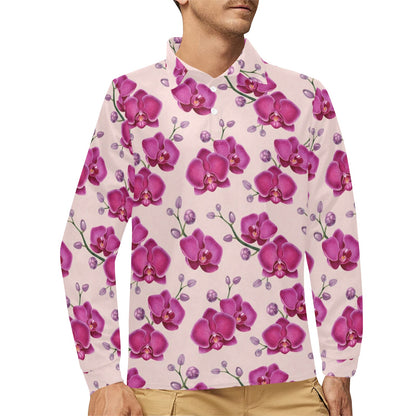 Orchid Purple Pattern Print Design OR04 Long Sleeve Polo Shirt For Men's