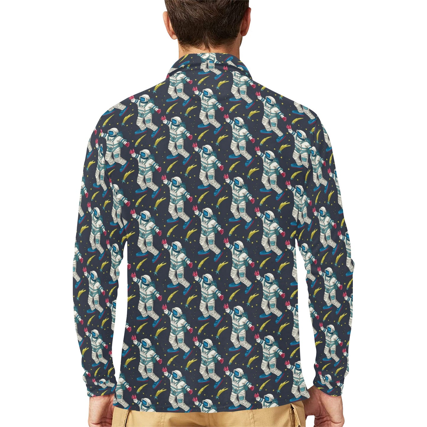 Astronaut Pattern Print Design 04 Long Sleeve Polo Shirt For Men's