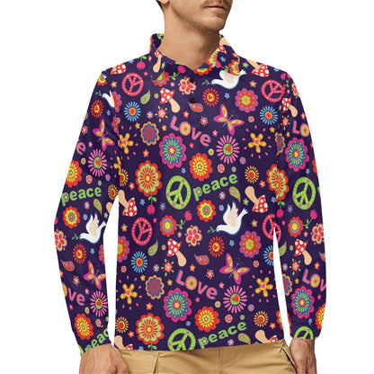 Flower Power Peace Design Print Long Sleeve Polo Shirt For Men's