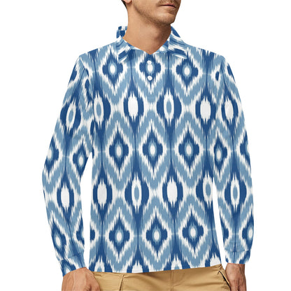 Ikat Pattern Print Design 03 Long Sleeve Polo Shirt For Men's