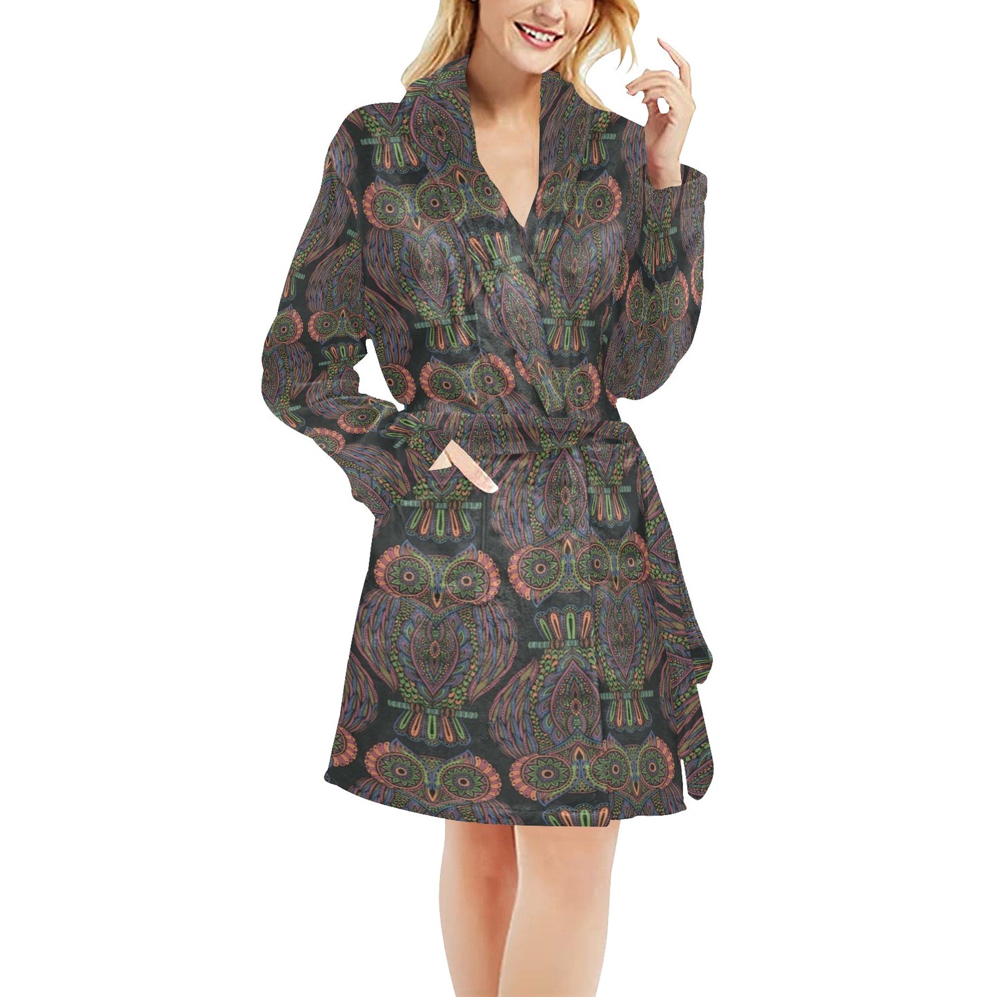 Owl Pattern Print Design A05 Women's Fleece Robe