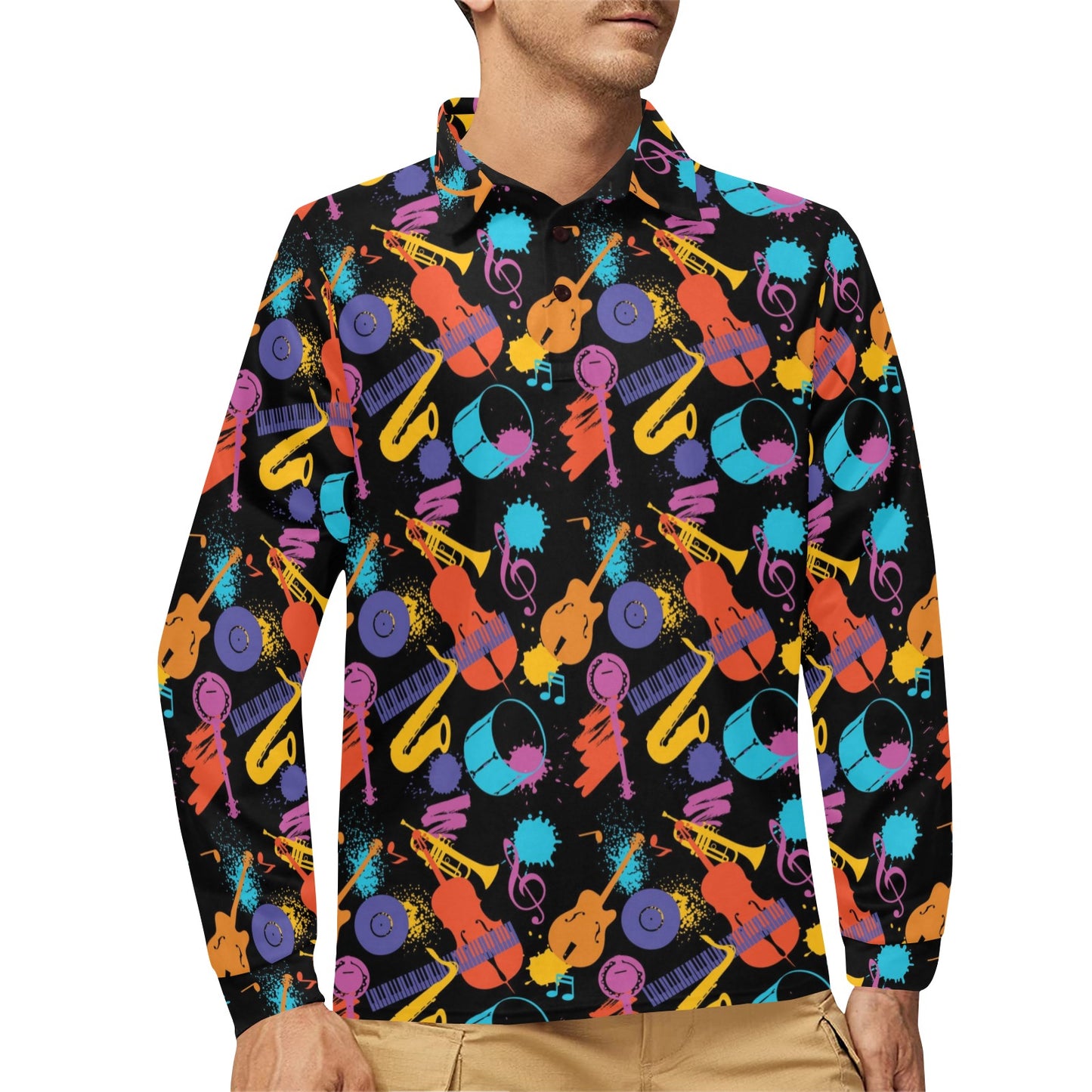 Saxophone Print Design LKS406 Long Sleeve Polo Shirt For Men's